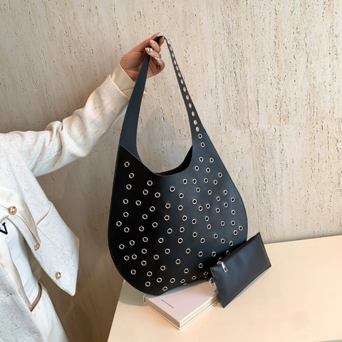 Borsa a Tracolla Hobo a Grande Capacità Da Donna Con Occhielli Metallici Elegante Borsa Tote In Pelle PU Con Sottoborsa