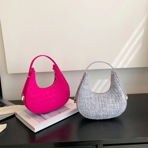 Fashion Women Crescent Hobo Bag Minimalist Felt Fabric Crocodile Pattern Underarm Bag Solid Color Shoulder Handbag For Daily Commuting Casual