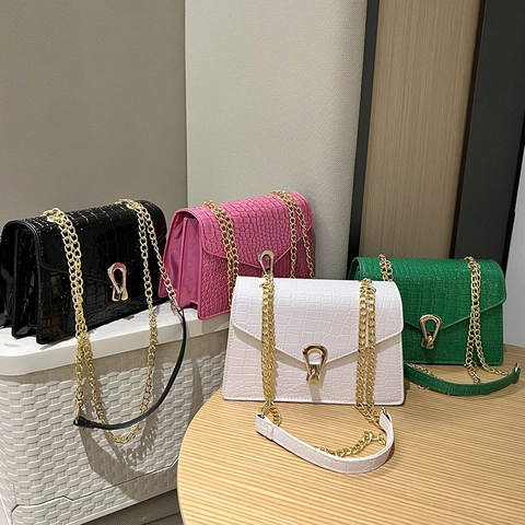 Women Crocodile Pattern Shoulder Bag PU Leather Gold Chain Strap Crossbody Small Square Bag Fashion Metal Lock Handbag