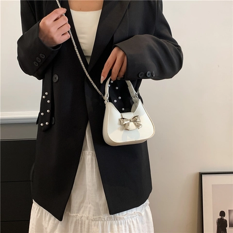 Mini Handbag Women PU Leather Metallic Bow Crossbody Bag Chain Strap Crescent Trendy Chic Y2K Style