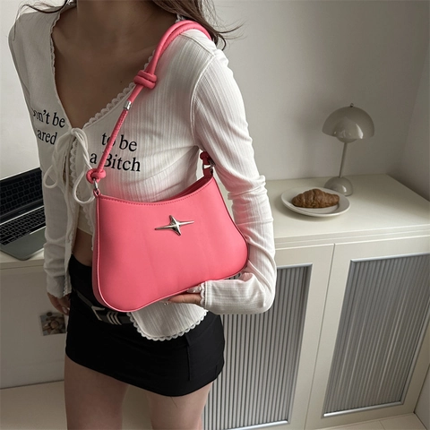 Women PU Leather Underarm Bag Minimalist Star Metal Decor Shoulder Crossbody Bag With Knotted Strap Summer Commuting Handbag