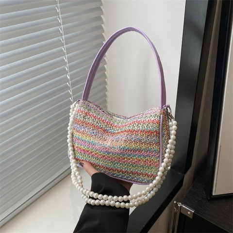 Colorful Woven Shoulder Bag For Women Butterfly Embroidery Handbag With Artificial Pearl Strap PU Leather Handle Summer Vacation Style