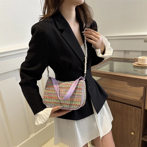 Colorful Woven Shoulder Bag For Women Butterfly Embroidery Handbag With Artificial Pearl Strap PU Leather Handle Summer Vacation Style