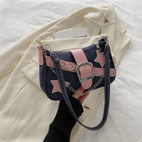 Sac à Épaule en Denim Style Y2K pour Femmes Patchwork Étoile Rose Sac sous le Bras Street Tendance Avec Chaîne en Métal Boucle