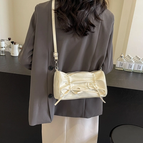Borsa a Spalla Cilindrica Con Fiocco Arricciato in Pelle PU Metallica Per Donna Borsa a Tracolla Trendy Street Style Casual