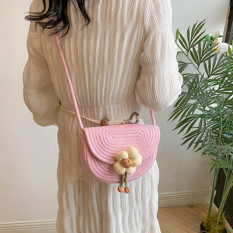 Braided Cotton Rope Floral Saddle Bag Handcrafted Bohemian Crossbody Shoulder Purse Summer Beach Vacation Gift Women Girls