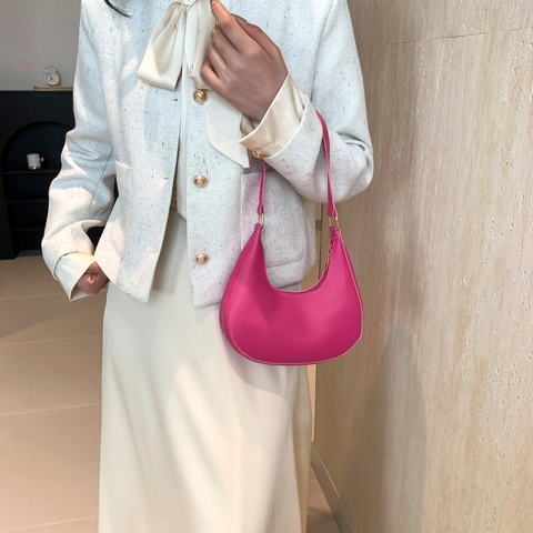 Women Hobo Underarm Bag Crescent Half Moon PU Leather Shoulder Handbag Solid Color Minimalist Streetwear
