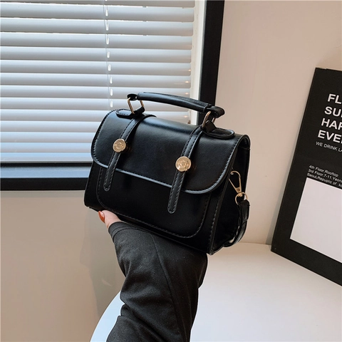 Women Shoulder Crossbody Bag PU Leather Top Handle Gold Double Buckle Retro British Style Solid Color Commuter Handbag