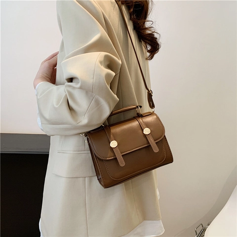 Women Shoulder Crossbody Bag PU Leather Top Handle Gold Double Buckle Retro British Style Solid Color Commuter Handbag