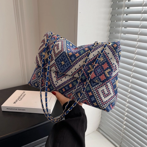 Borsa Tracolla Donna Etnica Bohémien Geometrica Tessuto Intrecciato Catena Dorata Patta Vintage Borsa A Spalla Versatile
