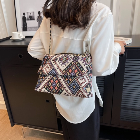 Borsa Tracolla Donna Etnica Bohémien Geometrica Tessuto Intrecciato Catena Dorata Patta Vintage Borsa A Spalla Versatile