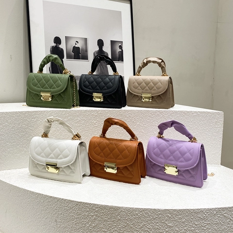 Rhombus Quilted PU Leather Shoulder Bag Ruched Handle Gold Chain Small Crossbody Elegant Fashion For Women