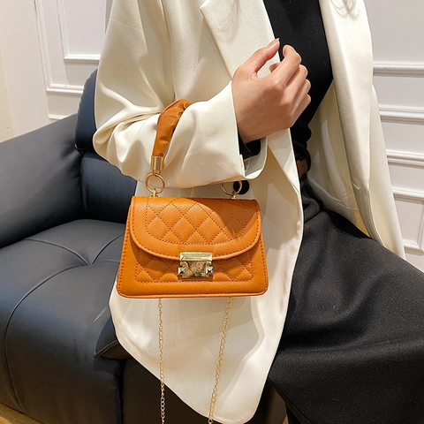 Rhombus Quilted PU Leather Shoulder Bag Ruched Handle Gold Chain Small Crossbody Elegant Fashion For Women