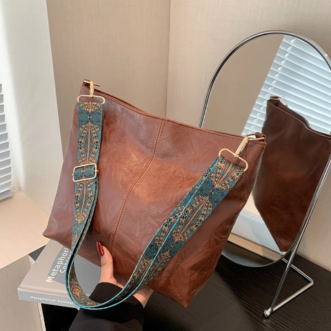 Women Large Capacity PU Leather Tote Bag With Adjustable Ethnic Embroidered Wide Shoulder Strap Retro Crossbody Handbag
