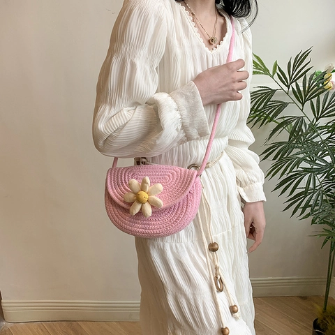 Borsa a Tracolla in Paglia Intrecciata Bohemian da Donna Con Decorazione a Margherita 3D Borsa a Spalla Estiva per Spiaggia e Vacanze