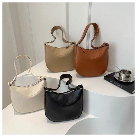 Minimalist Pebbled PU Leather Hobo Bag Solid Color Adjustable Strap Half Moon Chic Shoulder Crossbody Bag For Women