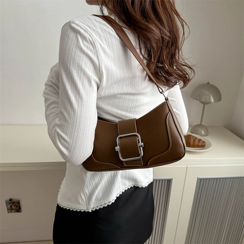 Women French Baguette Bag Large Silver Buckle PU Leather Underarm Shoulder Bag Solid Color Casual Fashion Daily Handbag