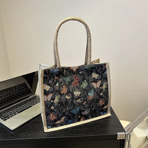 Vintage Schmetterling Muster Leinen Tragetasche Große Kapazität Jacquard Stoff Schultertasche Für Damen Casual Alltag Handtasche