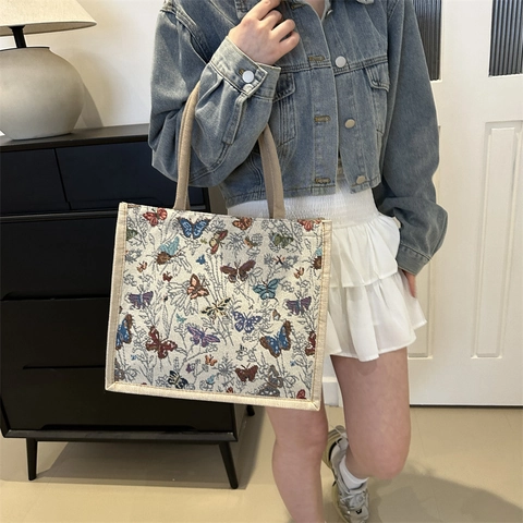 Vintage Schmetterling Muster Leinen Tragetasche Große Kapazität Jacquard Stoff Schultertasche Für Damen Casual Alltag Handtasche