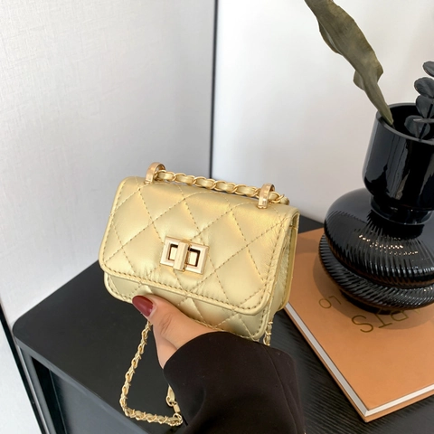 Mini Quilted Shoulder Bag PU Leather Crossbody Bag With Turn Lock Metal Chain Strap Elegant Metallic Texture Accessory