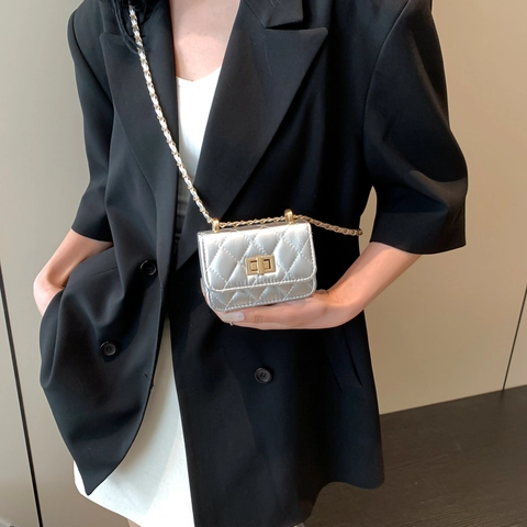 Mini Quilted Shoulder Bag PU Leather Crossbody Bag With Turn Lock Metal Chain Strap Elegant Metallic Texture Accessory