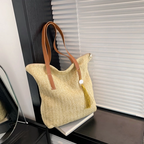 Große Strohhalm Webte Tote Bag Mit PU Ledergriff Sommer Strand Urlaub Boho Schultertasche Für Damen