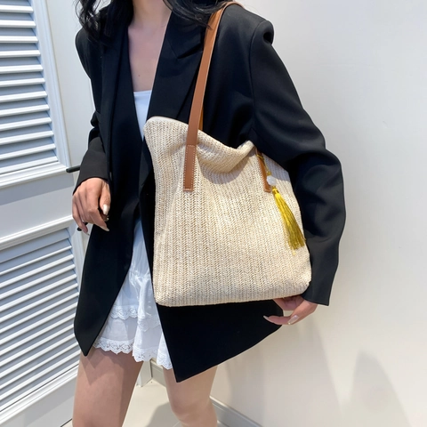 Große Strohhalm Webte Tote Bag Mit PU Ledergriff Sommer Strand Urlaub Boho Schultertasche Für Damen