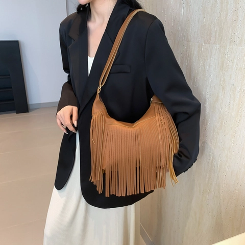 Bolso De Hombro Hobo De Cuero PU Con Patrón De Lichi Flecos Largos Correa Ajustable Moda Bohemia Mujer