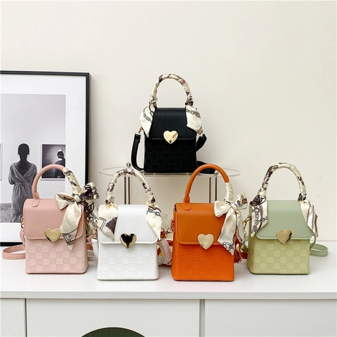 Women Fashion PU Leather Shoulder Bag Checkered Pattern Heart Buckle Square Crossbody Bag With Silk Scarf Handle Decor Small Handbag
