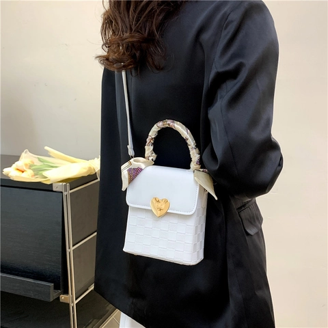 Women Fashion PU Leather Shoulder Bag Checkered Pattern Heart Buckle Square Crossbody Bag With Silk Scarf Handle Decor Small Handbag