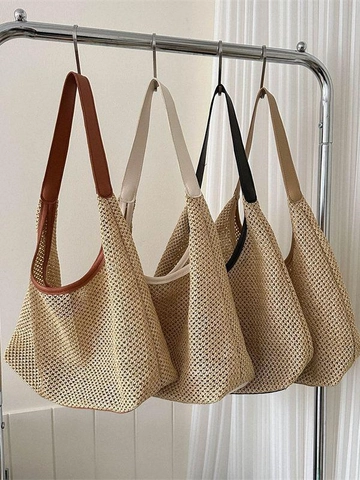 Handmade Woven Straw Shoulder Bag Large Capacity Women Summer Beach Tote Bag Magnetic Buckle Minimalist Daily Fashion Purse