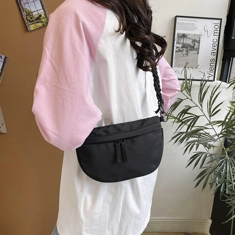 Vrouwen Minimalistische Halve Maan Schoudertas Lichtgewicht Canvas Nylon Crossbody Tas Met Gevlochten Touw Riem Dubbele Rits Tas