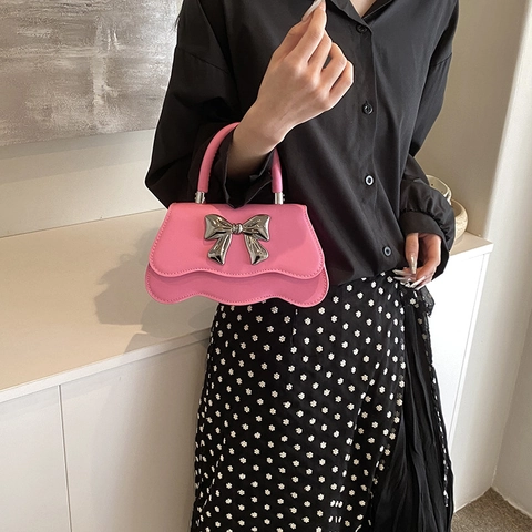 Women Retro Bow Square Shoulder Bag Synthetic Leather Wavy Bottom Handbag Trendy Crossbody Bag For Casual Daily Outing