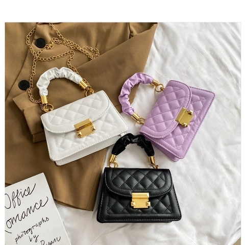 Women Quilted Crossbody Bag PU Leather Fashion Ruched Handle Gold Chain Small Square Shoulder Handbag