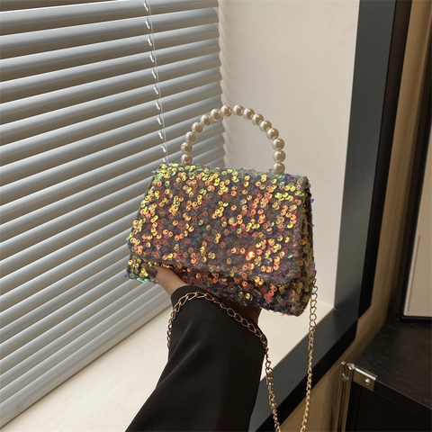 Sac de Soirée à Paillettes pour Femmes Avec Poignée en Imitation Künstliche Perle Bandoulière Chaîne Or Mode Mini Sac Carré pour Mariage Fête