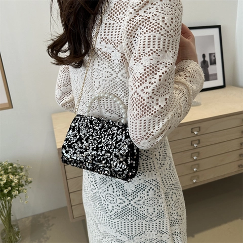 Sac de Soirée à Paillettes pour Femmes Avec Poignée en Imitation Künstliche Perle Bandoulière Chaîne Or Mode Mini Sac Carré pour Mariage Fête
