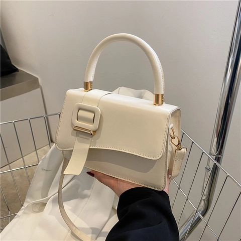 Women Fashion Square Buckle Shoulder Bag PU Leather Handbag Small Square Crossbody Bag With Top Handle Gold Hardware Minimalist