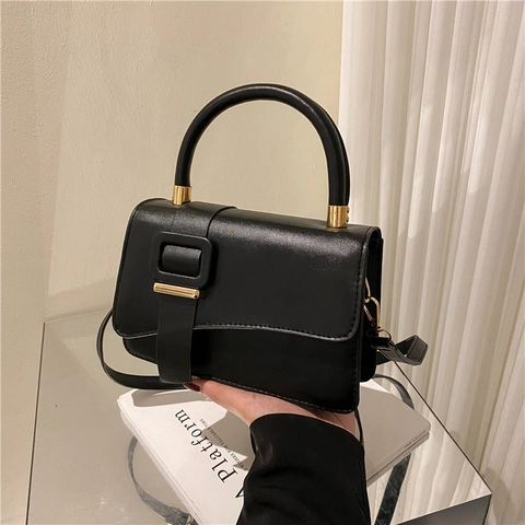 Women Fashion Square Buckle Shoulder Bag PU Leather Handbag Small Square Crossbody Bag With Top Handle Gold Hardware Minimalist