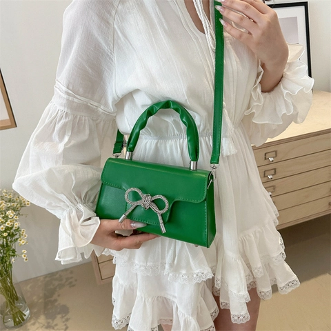 Women PU Leather Shoulder Bag Rhinestone Bow Pleated Handle Fashion Crossbody Bag Small Square Handbag For Daily Party Dating