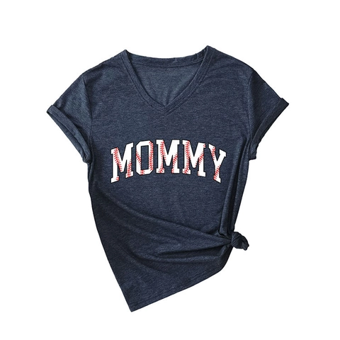 Camiseta Mujer Cuello En V Manga Corta Mezcla De Algodón Mommy Impresión Letras Béisbol Puntada Top Verano Casual Nudo