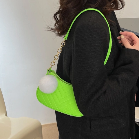 Women's Urban Minimalist Felt Shoulder Bag V-Quilted Underarm Hobo Bag With Decorative Metal Chain And White Pompom Charm Niche Design