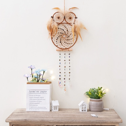 Handmade Owl Dream Catcher Feather Wall Hanging Boho Home Decor With Faux Crystal Prism Star Beads Brown Hanging Ornament