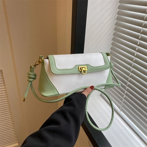 Retro Franse PU Leren Baguette Tas Color Block Onderarm Schoudertas Met Geknoopte Band En Gouden Sluiting Voor Dames