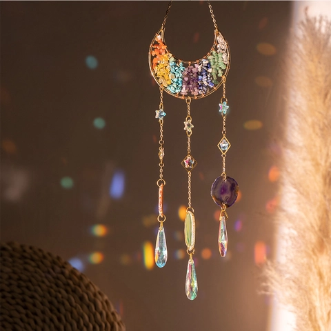 Moon Suncatcher Crystal Agate Slices Natural Stone Hanging Ornament Window Decoration Boho Style Rainbow Maker Prism