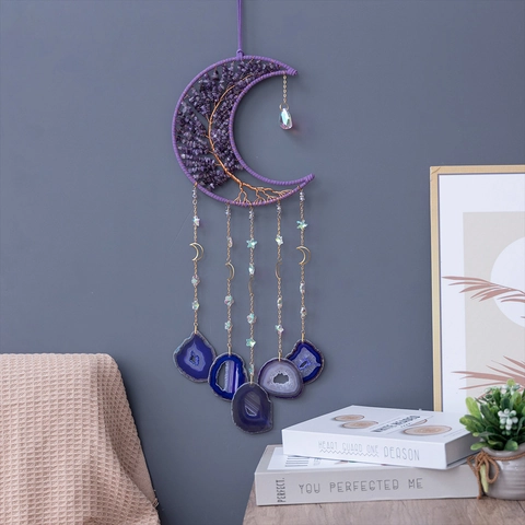 Moon Dream Catcher Purple Amethyst Tree Of Life With Agate Slices Wall Hanging Handmade Bohemian Home Decor Gift