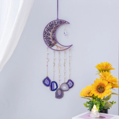 Moon Dream Catcher Purple Amethyst Tree Of Life With Agate Slices Wall Hanging Handmade Bohemian Home Decor Gift