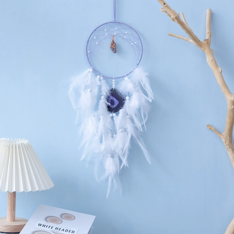 Acchiappasogni in Fetta di Agata Viola Fatto a Mano Con Piume Bianche Decorazione da Parete Bohemienne Regalo di Compleanno Romantico