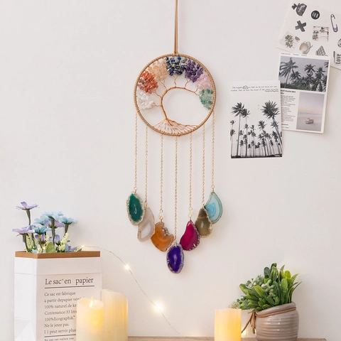 Tree Of Life Hanging Ornament Natural Crystal Chips Seven Chakra Energy Stones Agate Slices Handmade Bohemian Wall Decor