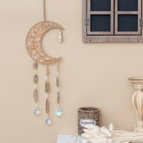 Bohemian Mond Lebensbaum Wanddeko Mit Citrin Achat Scheiben Prisma Kristallkugel Für Haus Büro Wandbehang Geschenk