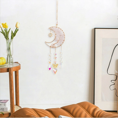 Mond Lebensbaum Sonnenfänger Rosa Quarz Kristallchips Handgefertigt Hängende Deko Gold Schmetterling Boho Ornament